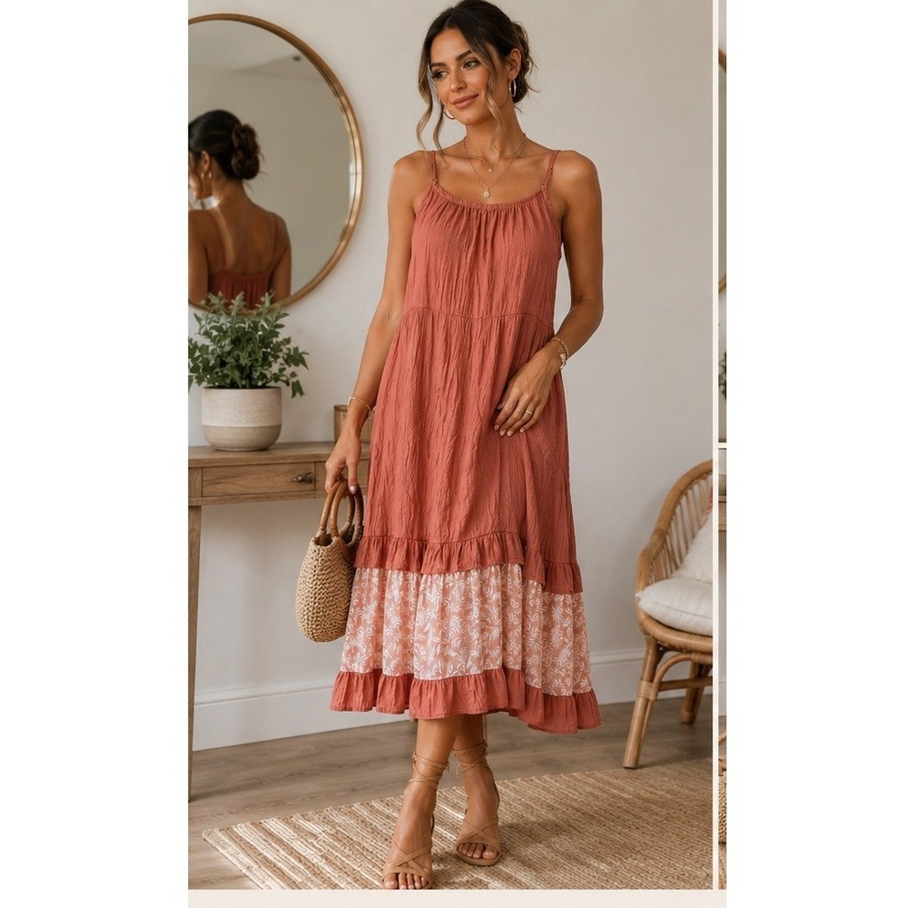 Terracotta Boho Midi Dress | Flowy Ruffle Hem | Size Medium | Cottagecore Chic